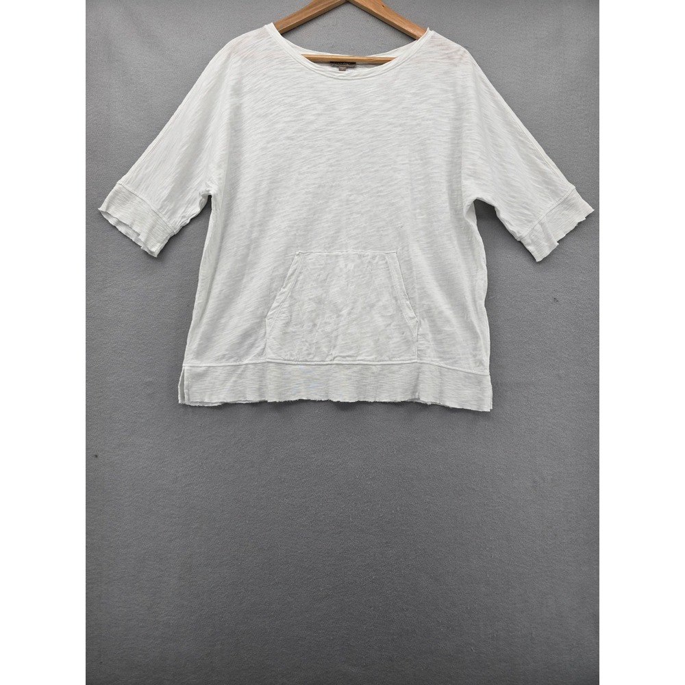 Lilla P White Slub Knit Cotton Top Short Sleeve Kangaroo Pocket Raw Hem Large